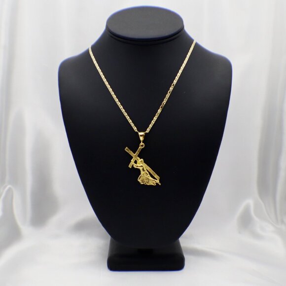 Jesus Carrying Cross Pendant with 24-inch Mariner Chain Necklace - Picture 4 of 7